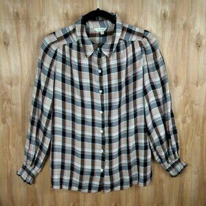 Tan &Grey Plaid Flannel Shirt Cinched Wrists & Side Slits Easy Tying Sz M